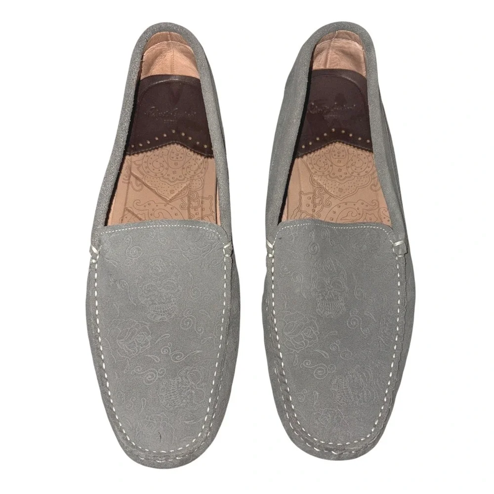 Robert Graham Crossbones Skull and Roses Gray Suede Driving Mocs sz 12